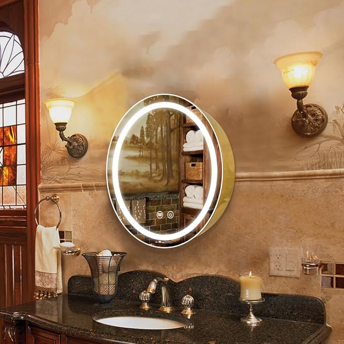 20inch Round Medicine Cabinet with Lights,Led Medicine Cabinet with Defogger,Illuminated Mirror Cabinet for Bathroom,Dimmable,Anti-Fog,3 Colors,Surface Mount Only,Gold