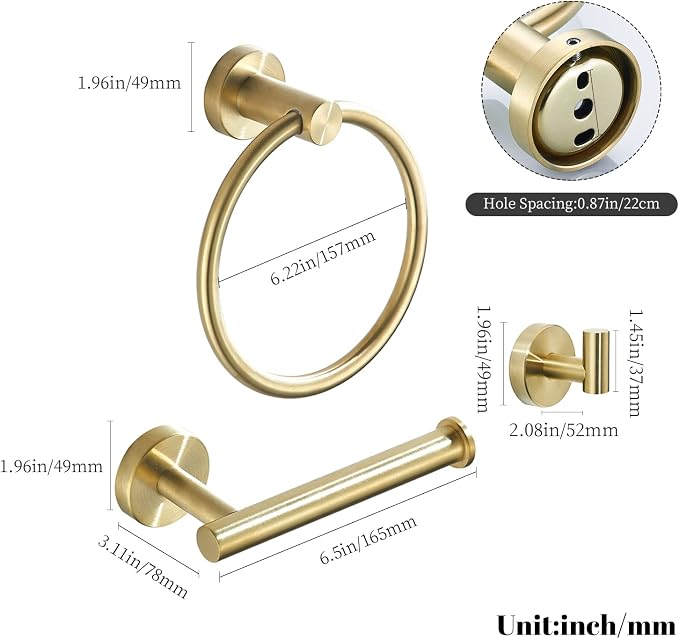 Gold Bathroom Hardware, Toilet Paper Holder Towel Ring and Robe Hook Brushed Gold Bathroom Accessories Set Wall Mount 3 Pieces Stainless Steel1
