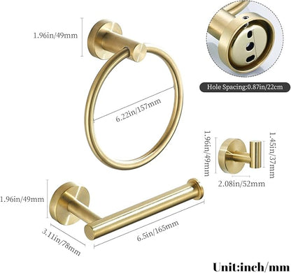 Gold Bathroom Hardware, Toilet Paper Holder Towel Ring and Robe Hook Brushed Gold Bathroom Accessories Set Wall Mount 3 Pieces Stainless Steel1