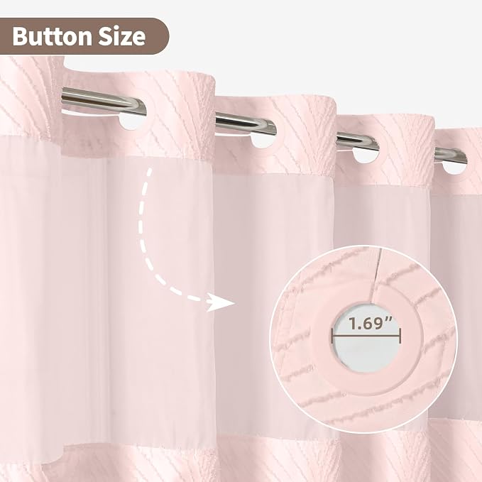 eachope no Hook Shower Curtain and Liner Set，Boho Style with See Through Top Window, Pink Fabric Tufted Striped Textured Outer Curtain & Waterproof Inner Liner, Pink, 71Wx74H
