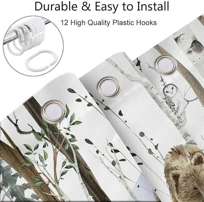 JAWO Rustic Forest Shower Curtains, Lodge Cabin Woodsy RV Shower Curtain, Wildlife Animals Woodland Campers Camping Bathroom Set with Hooks, 60X70 Inch, White