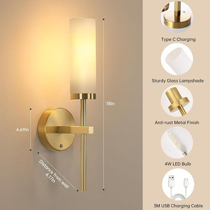 Shenmoyl Battery Operated Wall Sconces Set of 2, Gold Rechargeable Wall Lighting Fixtures, Dimmable Wall Lights with Remote & Opal Glass Shade for Living Room, Bathroom,Bedroom