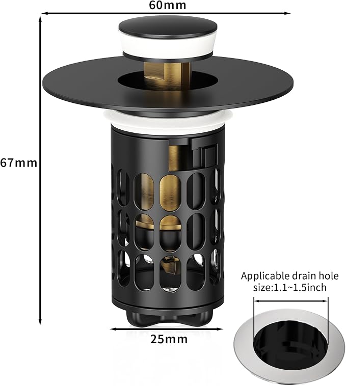 QYHNYJF Upgraded Bathroom Sink Stopper with Hair Catcher - Universal Pop-Up Drain Plug, Stainless Steel & Silicone Seal for 1.1-1.5 Inch Drains, Matte Black Finish (Matte Black)