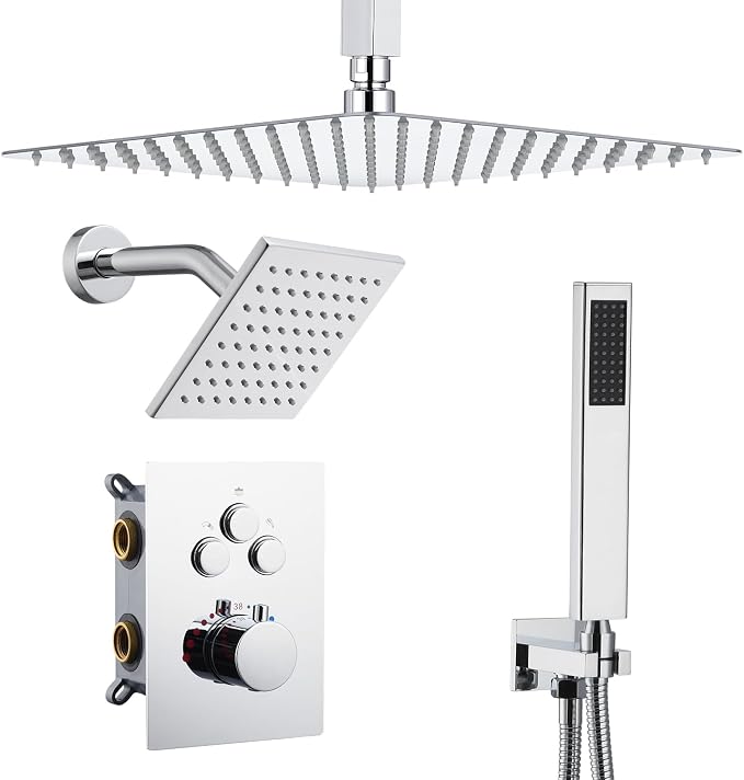 Thermostatic Dual Shower Head System, Chrome Shower Faucet | 12 Inch Ceiling Rainfall Shower, 6 Inch Wall Mount Head, High Pressure Handheld Sprayer, Push Button Valve