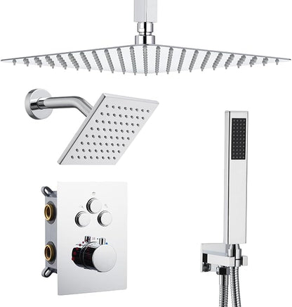 Thermostatic Dual Shower Head System, Chrome Shower Faucet | 12 Inch Ceiling Rainfall Shower, 6 Inch Wall Mount Head, High Pressure Handheld Sprayer, Push Button Valve