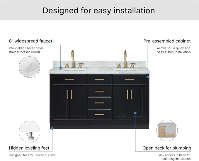 ARIEL Hepburn 60-inch Bathroom Vanity with Sink,Solid Wood, 1.5-inch Italian Carrara Marble Countertop, Double Rectangular Porcelain Sink, 4 Soft Closing Doors, 6 Dovetail Drawers, Black