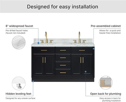 ARIEL Hepburn 60-inch Bathroom Vanity with Sink,Solid Wood, 1.5-inch Italian Carrara Marble Countertop, Double Rectangular Porcelain Sink, 4 Soft Closing Doors, 6 Dovetail Drawers, Black