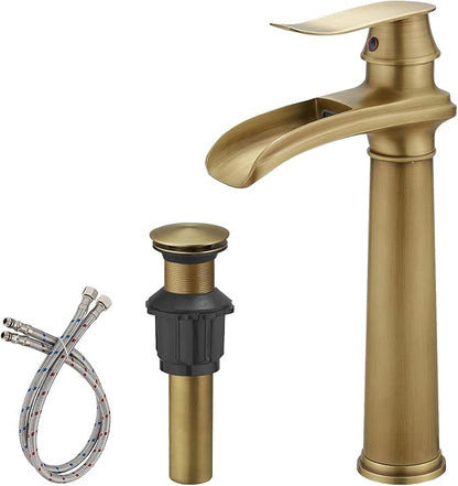 BWE Antique Brass Bathroom Vessel Sink Faucet Waterfall Spout Single Handle One Hole Solid Commercial Brass Lavatory Vanity Sink Faucet with Pop Up Drain