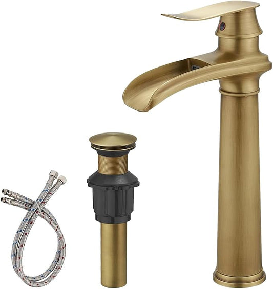 BWE Antique Brass Bathroom Vessel Sink Faucet Waterfall Spout Single Handle One Hole Solid Commercial Brass Lavatory Vanity Sink Faucet with Pop Up Drain