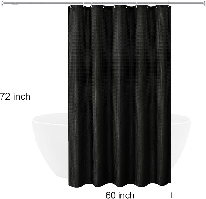60 Inch Stall Black Fabric Shower Curtain, 60 x 72 | Solid Black Weave Textured Fabric Shower Curtain for Bathroom, Water Repellent, Machine Washable