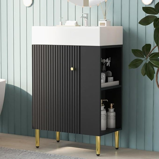 22" Small Bathroom Vanity with Sink, Morden Bathroom Vanities with Soft-Close Door and Open Shelf, Freestanding Narrow Vanity for Compact Space-Saving Bathrooms (Black,22" Freestanding Right Shelf)
