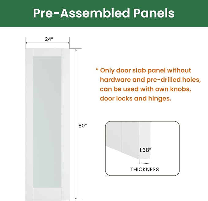 SMARTSTANDARD 24" x 80" Slab Door, Solid Core Frosted Glass Pantry Door | Pre-Assembled Interior Door without Hardware Kit for Pantry, Pocket, White Primed, Paintable Surface