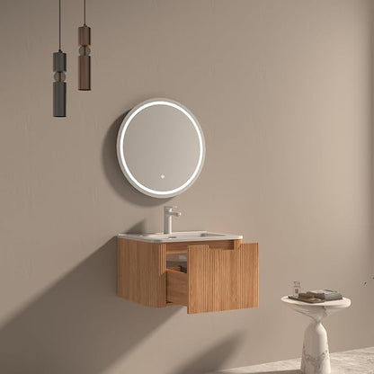24'' Floating Bathroom Vanity with Sink, Wall Mounted Modern Bathroom Cabinet W/Curved Edges Stripes, Oak & Plywood, Pre-Assembled with Integrated Ceramic Basin – Havana, Natural Oak