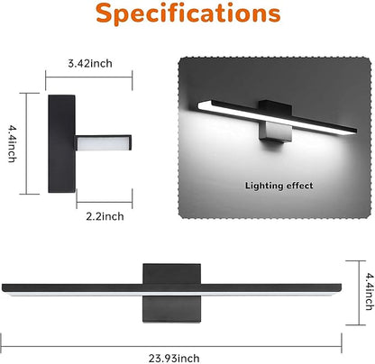 JUSHENG Black Bathroom Vanity Light Fixtures 24 Inch Modern LED Vanity Lighting Bathroom Lights Over Mirror Wall Sconce 24W 6000K Cool White