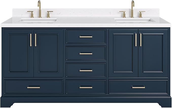 ARIEL Stafford 72-inch Bathroom Vanity with Sink,Solid Wood, 1.5-inch Carrara White Quartz Countertop, Double Rectangular Porcelain Sink, 4 Soft Closing Doors, 6 Dovetail Drawers, Midnight Blue