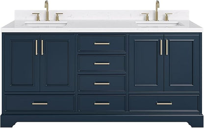 ARIEL Stafford 72-inch Bathroom Vanity with Sink,Solid Wood, 1.5-inch Carrara White Quartz Countertop, Double Rectangular Porcelain Sink, 4 Soft Closing Doors, 6 Dovetail Drawers, Midnight Blue