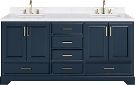 ARIEL Stafford 72-inch Bathroom Vanity with Sink,Solid Wood, 1.5-inch Carrara White Quartz Countertop, Double Rectangular Porcelain Sink, 4 Soft Closing Doors, 6 Dovetail Drawers, Midnight Blue