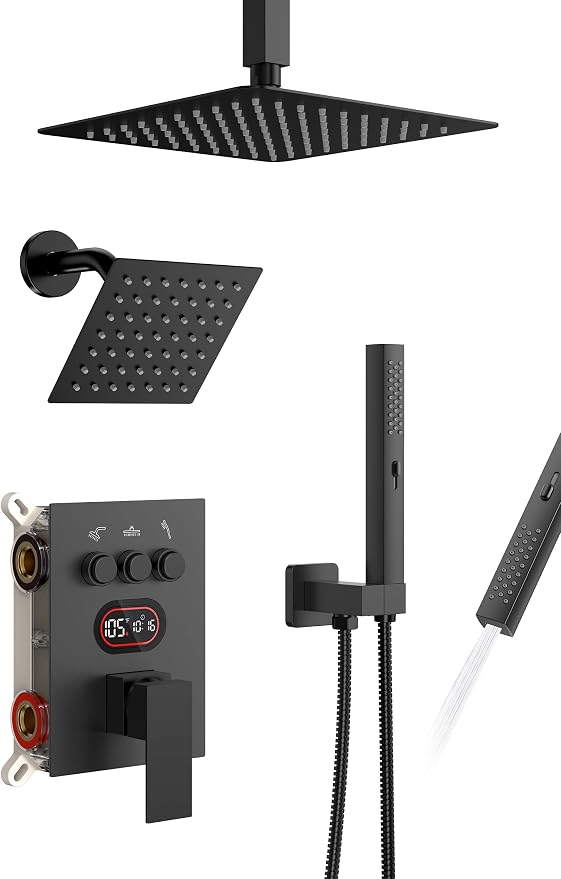Longriver 3-Push Button Shower Faucet Set Hydro Power Temperature Display | Shower System Ceiling Mounted 10" & Wall Mounted 6" Shower Head with 3-Spary Handheld, Matte Black