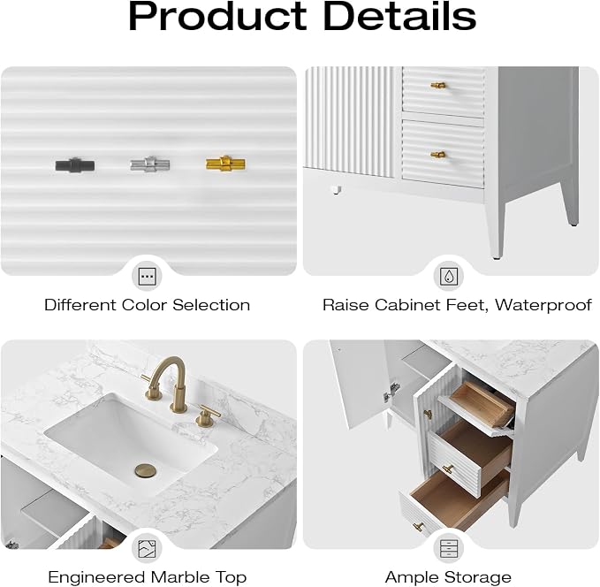 Vanity Art 36 inch Bathroom Vanity with Single Sink & Ceramic Top, Vanity Cabinet with Soft-Closing Door, Solid Wood Frame, Linear Pattern, White, VA9136-W-MB,Matte Black Handles