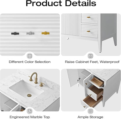 Vanity Art 36 inch Bathroom Vanity with Single Sink & Ceramic Top, Vanity Cabinet with Soft-Closing Door, Solid Wood Frame, Linear Pattern, White, VA9136-W-MB,Matte Black Handles