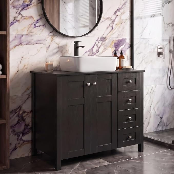 32'' Bathroom Vanity with Sink, Modern Bathroom Cabinet, Black | 2 Soft-Close Cabinet Doors, 4 Drawers, 2-Tier Inner Shelf, Freestanding Large Storage Cabinet, White Ceramic Sink