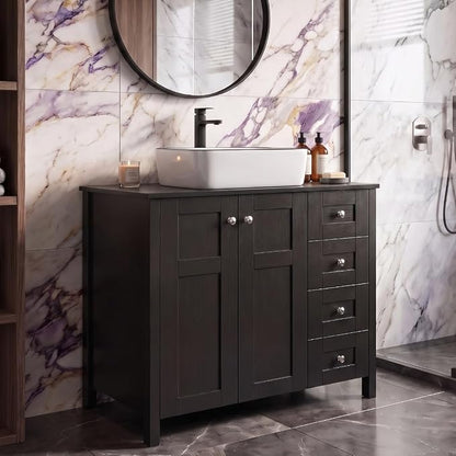 32'' Bathroom Vanity with Sink, Modern Bathroom Cabinet, Black | 2 Soft-Close Cabinet Doors, 4 Drawers, 2-Tier Inner Shelf, Freestanding Large Storage Cabinet, White Ceramic Sink