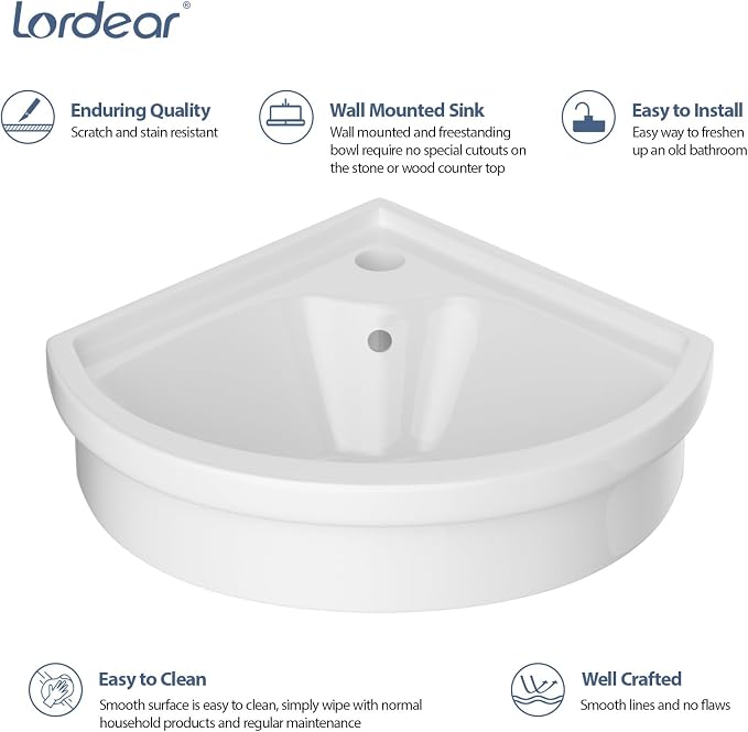 Lordear Corner Wall Mounted Bathroom Sink with Towel Rack – 11 4/5" x 11 4/5" Inch Triangular Wall Hung Porcelain Vessel Sink for Small Bathrooms One Hole Vanity Sink for Corner Installation