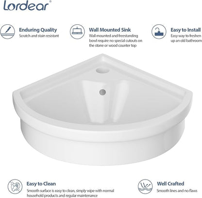 Lordear Corner Wall Mounted Bathroom Sink with Towel Rack – 11 4/5" x 11 4/5" Inch Triangular Wall Hung Porcelain Vessel Sink for Small Bathrooms One Hole Vanity Sink for Corner Installation