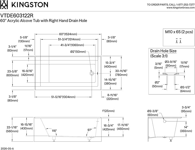 KINGSTON BRASS VTDE603122R 60-Inch Contemporary Alcove Acrylic Bathtub with Right Hand Drain and Overflow Holes, White