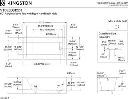 KINGSTON BRASS VTDE603122R 60-Inch Contemporary Alcove Acrylic Bathtub with Right Hand Drain and Overflow Holes, White