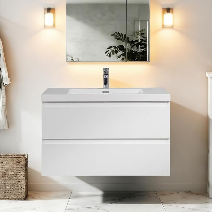 Modern 36" Floating Bathroom Vanity with Sink | Advanced Wall-Mounted Cabinet, Resin Top Basin, Soft Close Drawers | Easy to Install Glossy White