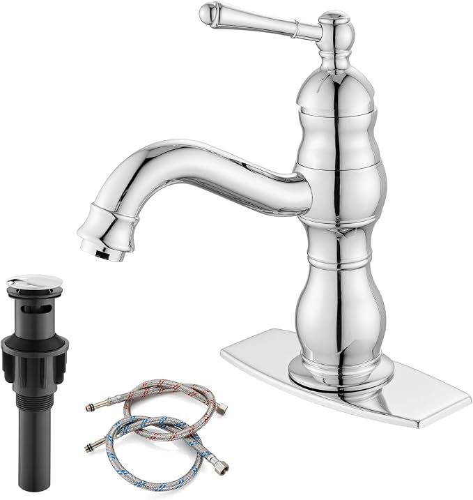 gotonovo Bathroom Faucet 1 Hole Vintage,Polish Chrome,5.9” Spout Reach | Bathroom Sink Faucet for 1 or 3 Hole Single Handle,Deck Plate,360° Swivel Spout,Pop Up Drain,cUPC Supply Hoses,for Vanity RV