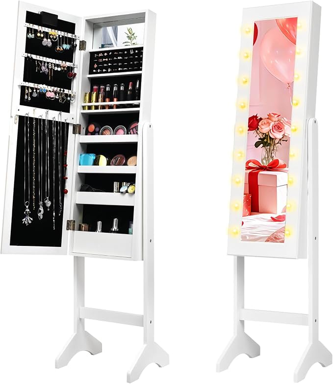 NAFORT 18 LED Lights Standing Mirror Jewelry Cabinet, Large Storage Mirror Full Length, Jewelry Armoire with Lipstick Holders, Shelves, Earring Notches, Inside Makeup Mirror (White)
