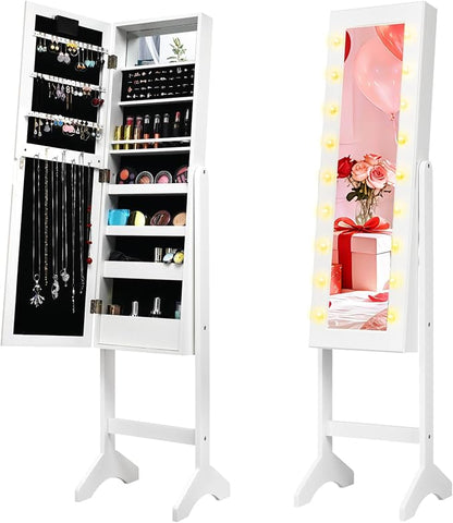 NAFORT 18 LED Lights Standing Mirror Jewelry Cabinet, Large Storage Mirror Full Length, Jewelry Armoire with Lipstick Holders, Shelves, Earring Notches, Inside Makeup Mirror (White)