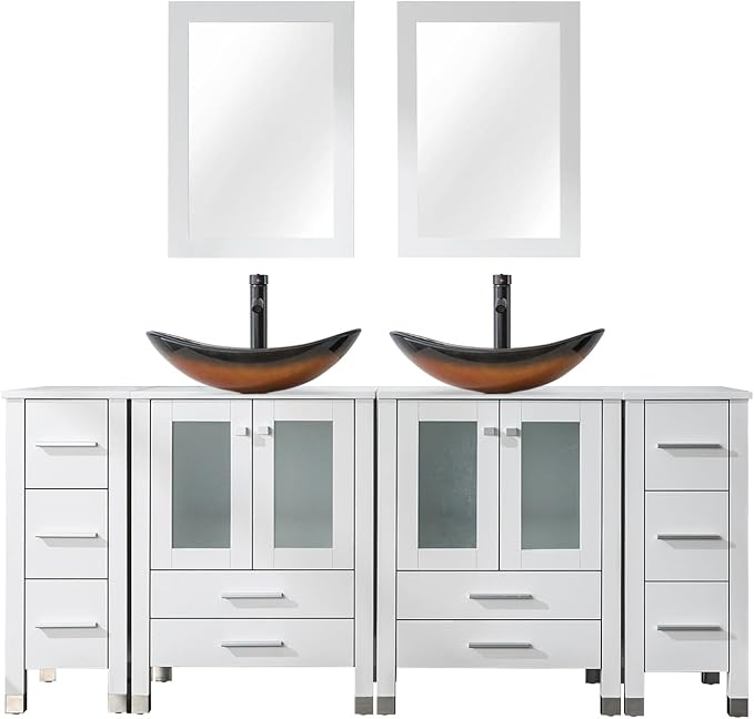 LUCKWIND 72" Double 24-in Bathroom Vanity with Sink Combo, Elegant Series with Two 12.6-in Side Cabinets, Painted Frame, Including Brown Boat Sinks, Faucets Without Mirrors, White