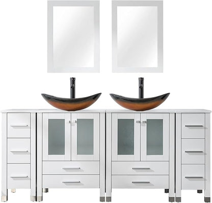 LUCKWIND 72" Double 24-in Bathroom Vanity with Sink Combo, Elegant Series with Two 12.6-in Side Cabinets, Painted Frame, Including Brown Boat Sinks, Faucets Without Mirrors, White