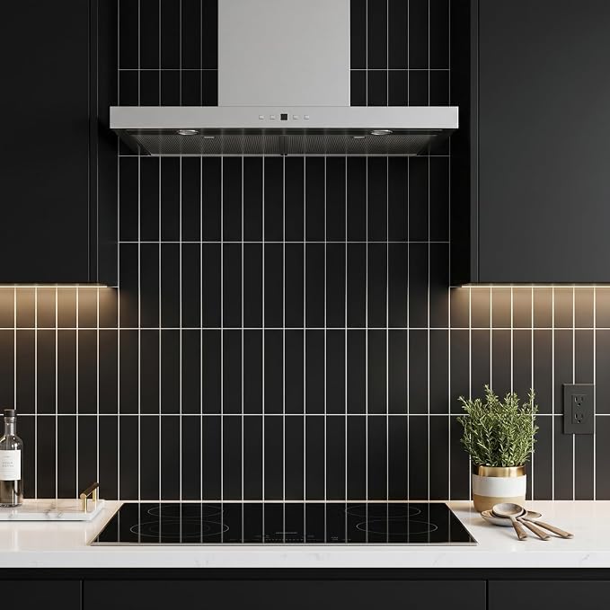 80-Piece Polished Black Thick PVC Peel and Stick Backsplash, 2" x 8" Waterproof Subway Tile Peel and Stick Wall Tiles for Kitchen and Bathroom