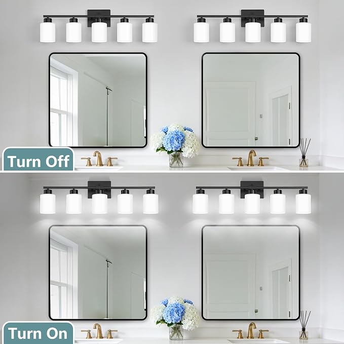 Black Bathroom Light Fixtures, 5-Light Modern Vanity Lights with Milky White Frosted Glass Shades, Wall Sconces for Mirror, Bathroom, Restroom (E26 Socket)