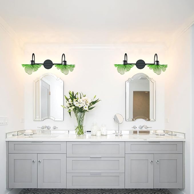2 Light Vintage Wall Sconces with Glass Shades,Vanity Light,Bathroom Light,Wall Lighting Fixture for Mirror,Home Decor Art Wall Light (Black+Green, 2-Lights)
