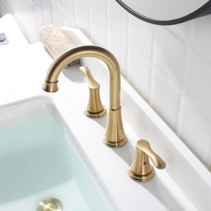 Brushed Gold Widespread Bathroom Sink Faucet 8 Inch for Vanity | with All Metal Pop Up Drain, High Arc 2 Handle Lead-Free Deck Mount Bathroom Faucet for 3 Hole Lavatory Utility Sink