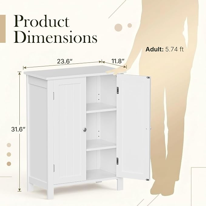 ZENY Bathroom Floor Storage Cabinet with Double Door + Adjustable Shelf, Wooden Organizer Cabinet for Living Room, Bathroom, Bedroom, Modern Home Furniture (White)