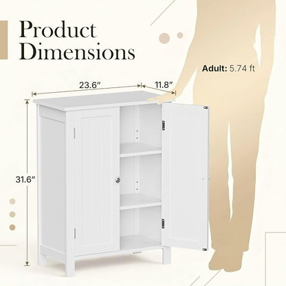 ZENY Bathroom Floor Storage Cabinet with Double Door + Adjustable Shelf, Wooden Organizer Cabinet for Living Room, Bathroom, Bedroom, Modern Home Furniture (White)