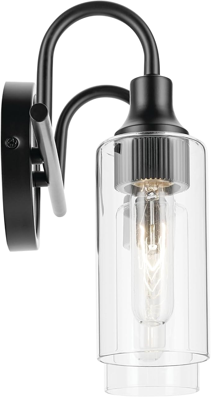 Kichler Kavi 12.5" 2-Light Vanity Light with Clear Glass in Black, Damp Rated, for Bathroom, Powder Room, Over a Mirror, (12.5" W x 10" H), 55210BK