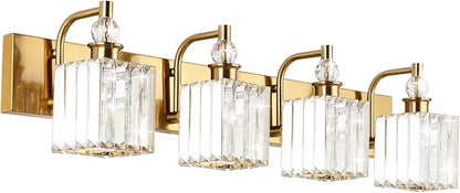 Ralbay Crystal Vanity Lights 4-Lights 31.5''Gold Bathroom Lighting Fixtures Over Mirror Modern Crystal Gold Bathroom Vanity Lights