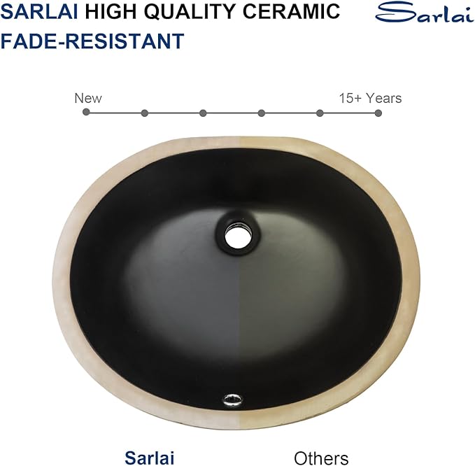 Sarlai Black Undermount Bathroom Sink -18 x15 inch Oval Vessel Sink Under counter Lavatory Sink Black Ceramic Vanity with Overflow, Modern Art Basin, Interior Dimension 16-1/7 x 13 Inch