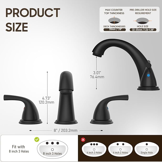 Phiestina 8 Inch 3 Hole Matte Black Widespread Bathroom Faucet, Low Arc Basin Sink Faucet, with Metal Pop-up Drain with Overflow and Water Supply Line, BF03008-B11-MB
