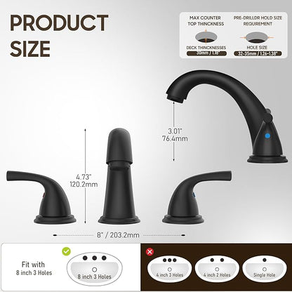 Phiestina 8 Inch 3 Hole Matte Black Widespread Bathroom Faucet, Low Arc Basin Sink Faucet, with Metal Pop-up Drain with Overflow and Water Supply Line, BF03008-B11-MB