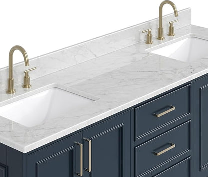ARIEL Stafford 72-inch Bathroom Vanity with Sink,Solid Wood, 0.75-inch Italian Carrara Marble Countertop, Double Rectangular Porcelain Sink, 4 Soft Closing Doors, 6 Dovetail Drawers, Midnight Blue