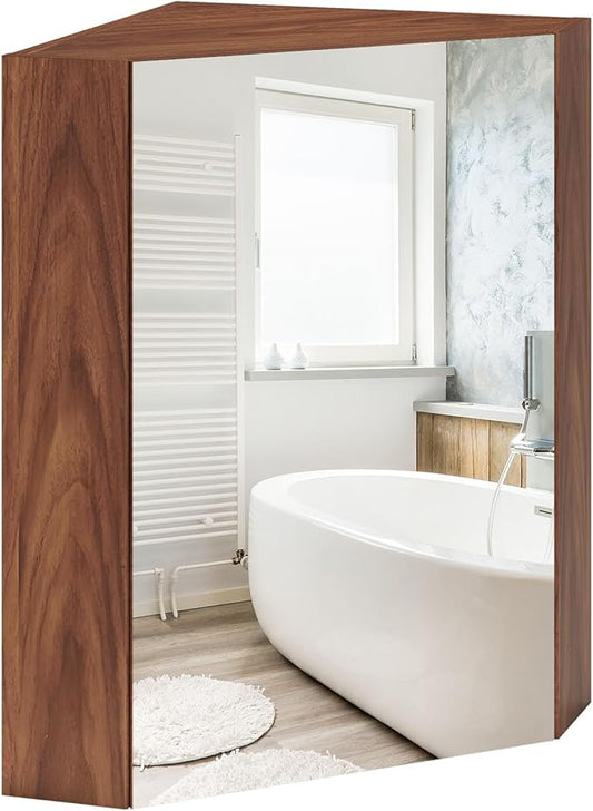 Giantex Corner Medicine Cabinet, 23.5” Over The Toilet Storage Cabinet with Mirror Door, Adjustable Shelf, Clear Reflection, Space-Saving Mirrored Cabinet, Bathroom Wall Cabinet for Entryway, Brown