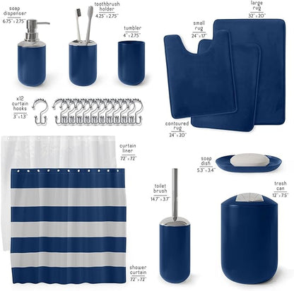 Clara Clark Bathroom Set - Navy Bathroom Accessories Set, Bathroom Sets with Shower Curtain and Rugs, 23PC Shower Curtain Set with Liner, Soap Dispenser, Soap Dish, Toilet Brush Holder, and Trash Can
